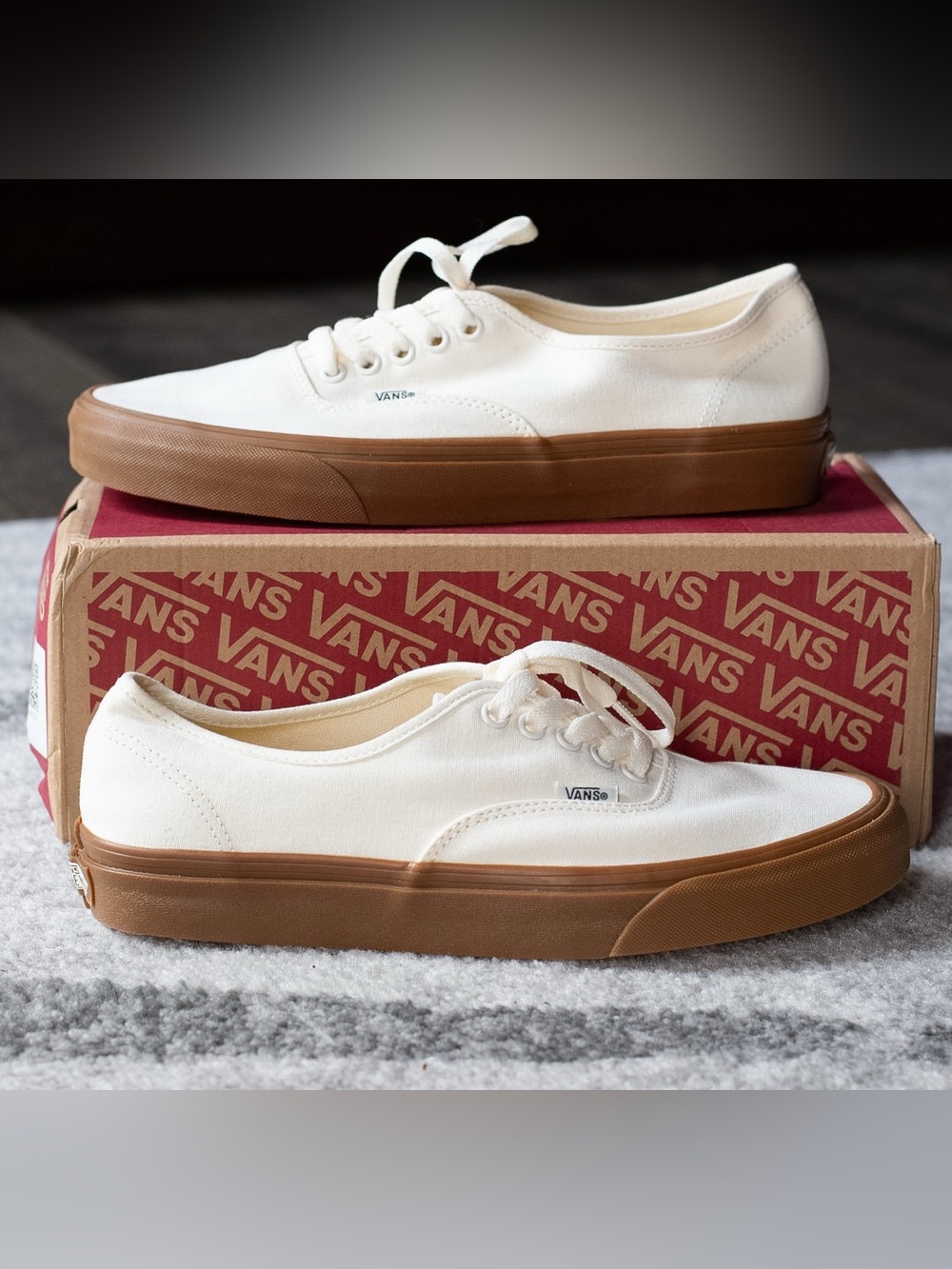 Vans Men’s Low-Top Canvas Sneakers in White with Brown Gum Sole